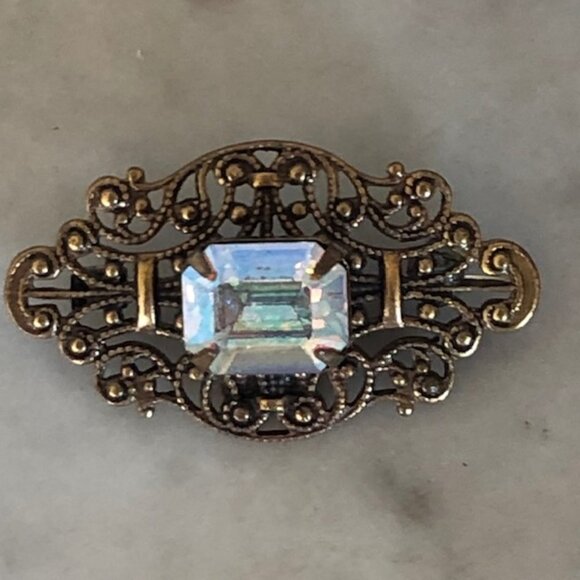 SADIE GREEN Signed Filigree Rectangle Crystal Brooch Pin Vintage - Picture 6 of 15